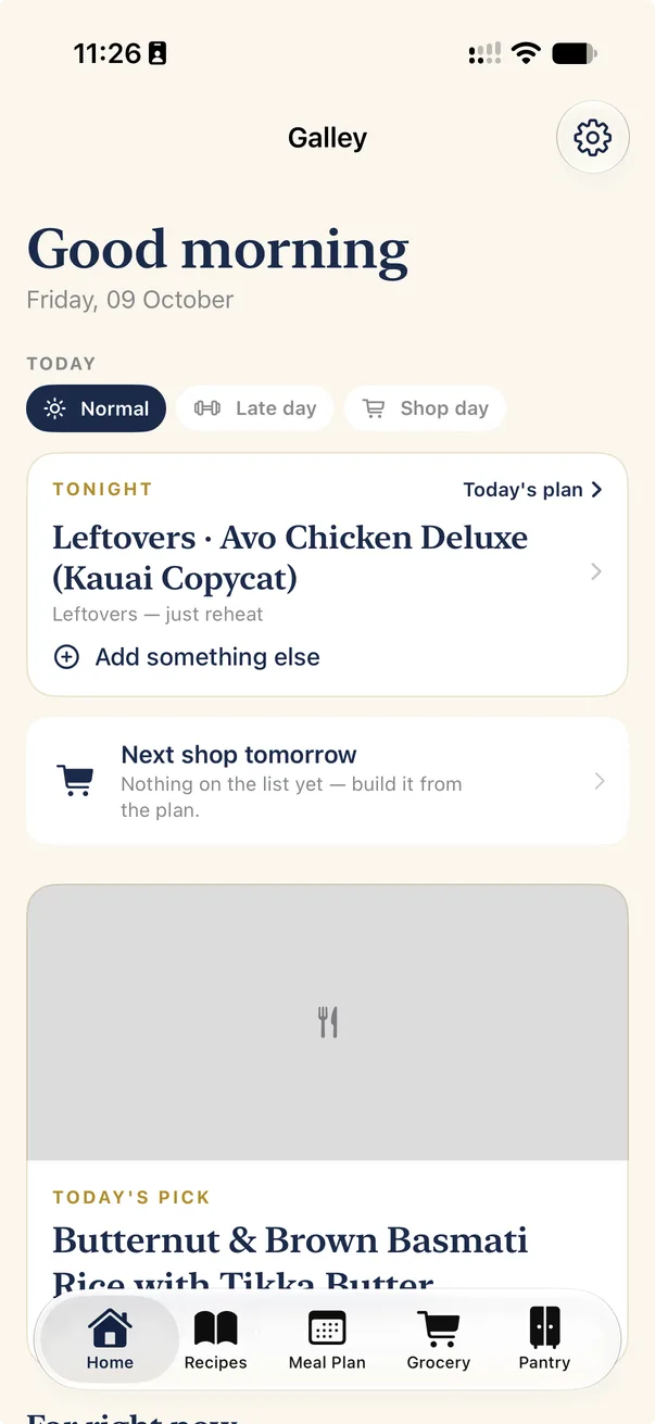 Galley's home screen with tonight's leftovers, the next shop tomorrow and today's pick