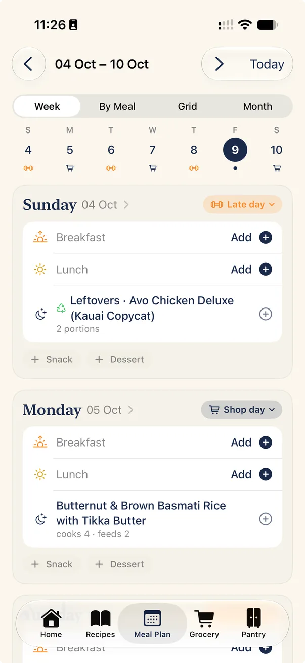 Galley's week plan with late days and shop days