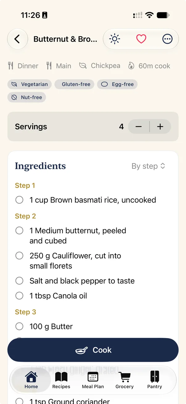 A Galley recipe, butternut and brown basmati rice, with ingredients grouped by step